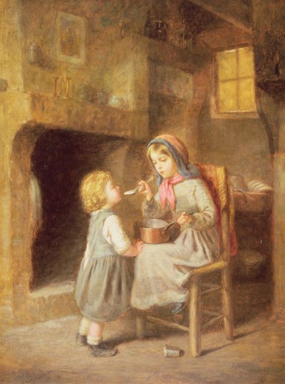 Junges Mädchen füttert Kleinkind von Paul Seignac